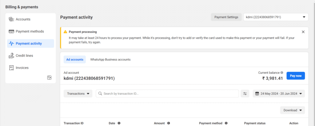 Facebook ads Billings & Payments